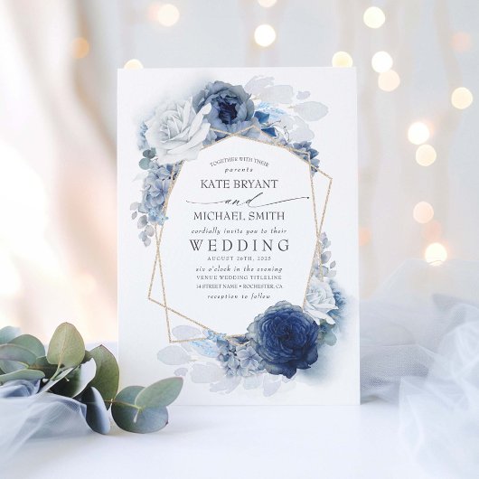 Dusty Blue and Navy Floral Elegant Wedding Einladung