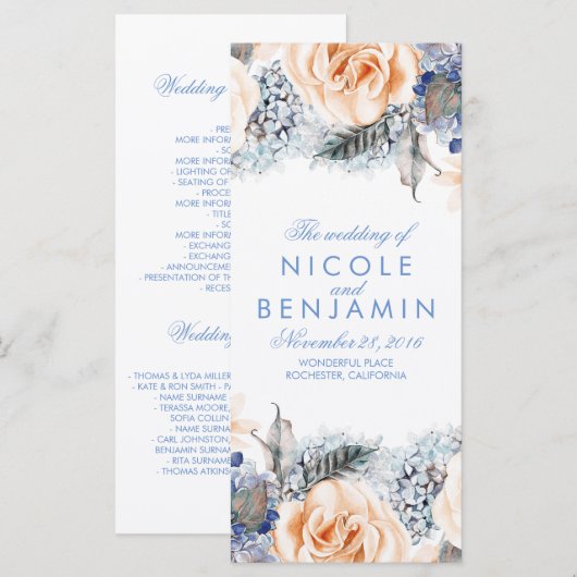 Dusty Blue and Peach Floral Weddings Programme (Vorne/Hinten)