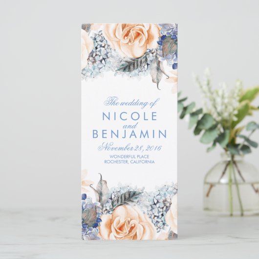 Dusty Blue and Peach Floral Weddings Programme (Stehend Vorderseite)