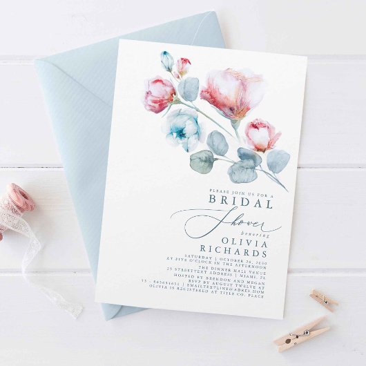 Dusty Blue and Pink Floral Elegantes Brautparty Einladung