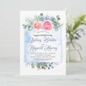 Dusty Blue and Pink Floral Engagement Party Einladung (Stehend Vorderseite)
