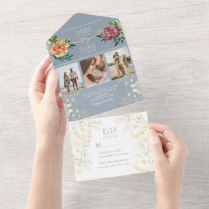 Dusty Blue and Pink Floral Fotos Hochzeit All In One Einladung