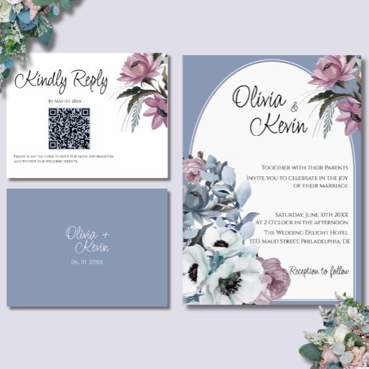 Dusty Blue and Pink Floral Modern Wedding QR Code RSVP Karte