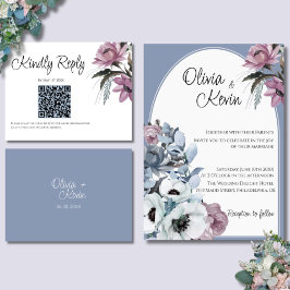 Dusty Blue and Pink Floral Modern Wedding QR Code RSVP Karte