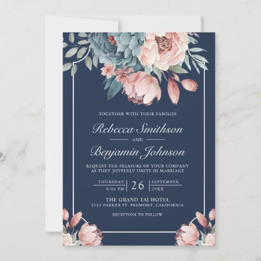Dusty Blue and Pink Floral Navy QR Code Hochzeit Einladung (Vorderseite)