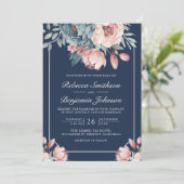 Dusty Blue and Pink Floral Navy QR Code Hochzeit Einladung (Stehend Vorderseite)