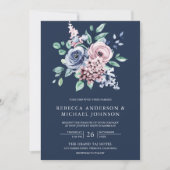 Dusty Blue and Pink Floral QR Code Navy Wedding Einladung (Vorderseite)