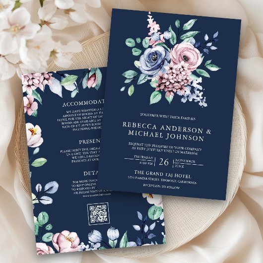 Dusty Blue and Pink Floral QR Code Navy Wedding Einladung
