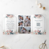 Dusty Blue and Pink Floral QR Code Wedding Dreifach Gefaltete Einladung (Innenseite)