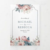Dusty Blue and Pink Floral QR Code Wedding Dreifach Gefaltete Einladung (Cover)