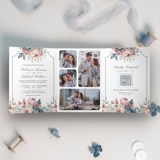 Dusty Blue and Pink Floral QR Code Wedding Dreifach Gefaltete Einladung