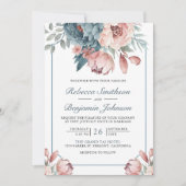 Dusty Blue and Pink Floral QR Code Wedding Einladung (Vorderseite)