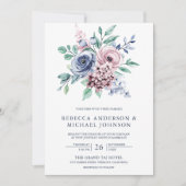 Dusty Blue and Pink Floral QR Code Wedding Einladung (Vorderseite)