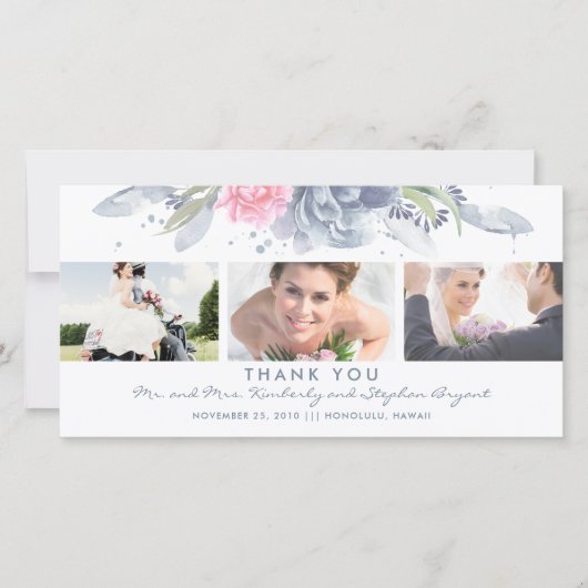 Dusty Blue and Pink Floral Wedding Vielen Dank Dankeskarte (Vorderseite)