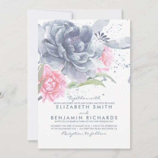 Dusty Blue and Pink Watercolor Blume Hochzeit Einladung (Vorderseite)