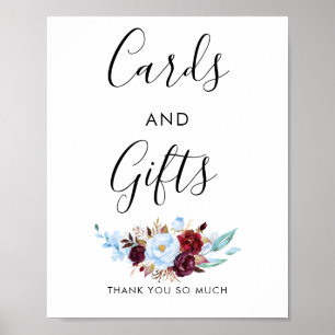 Dusty Blue and Red Wedding Cards and Gifts Sign Poster