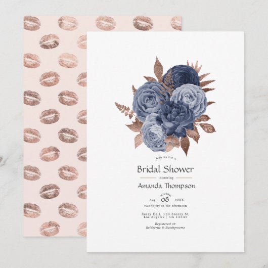 Dusty Blue and Rose Gold Floral Couples Dusche Einladung (Vorne/Hinten)