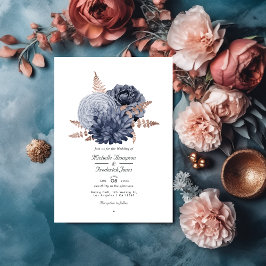 Dusty Blue and Rose Gold Floral Wedding QR Code in Einladung