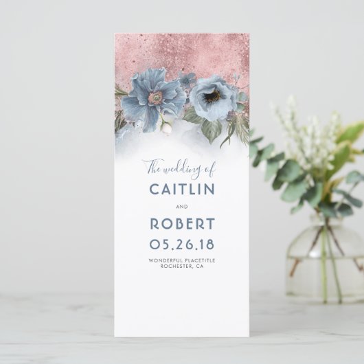 Dusty Blue and Rose Gold Floral WedPrograms Programm (Stehend Vorderseite)