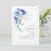 Dusty Blue and Silver Floral Elegant Baptism Einladung (Stehend Vorderseite)