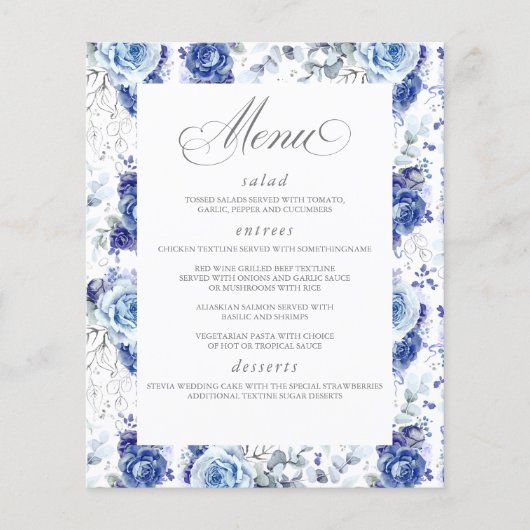 Dusty Blue and Silver Floral Elegant Wedding Menu Flyer (Vorne)