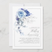 Dusty Blue and Silver Floral Wedding Anniversary Einladung (Vorderseite)