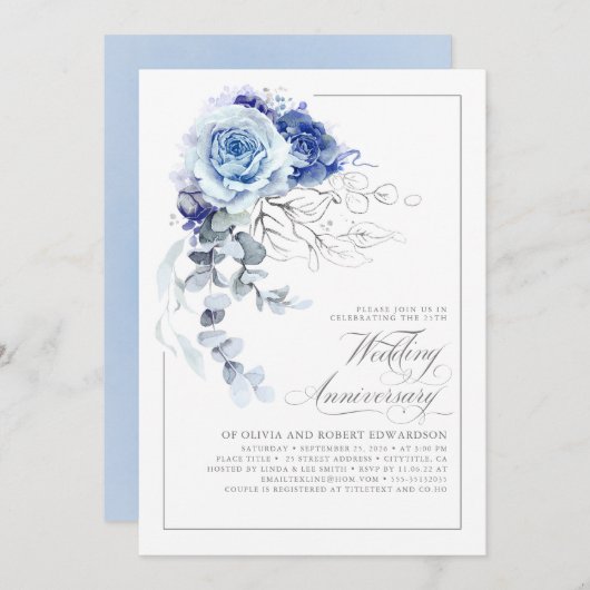 Dusty Blue and Silver Floral Wedding Anniversary Einladung (Vorne/Hinten)