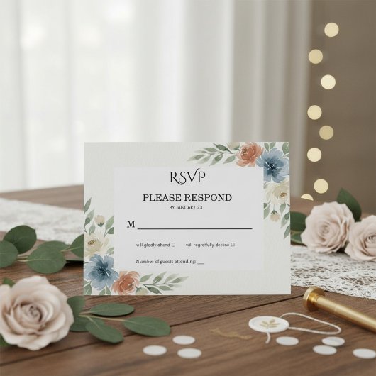 Dusty Blue and Terracotta Floral Wedding RSVP Karte
