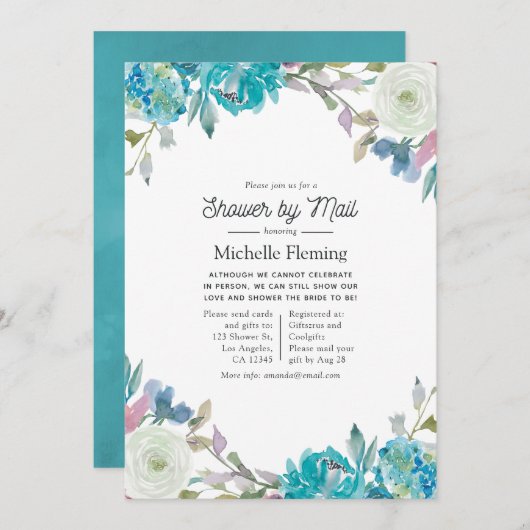 Dusty Blue and Turquoise Floral Shows by Mail Einladung (Vorne/Hinten)
