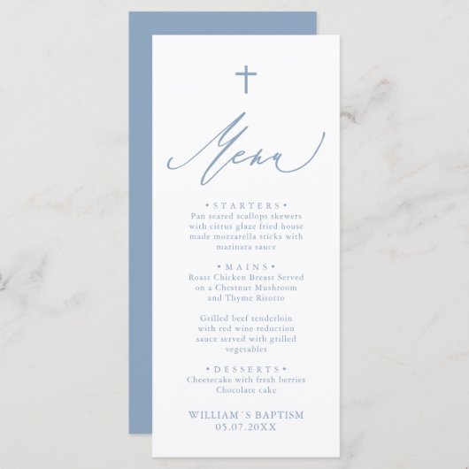 Dusty Blue and White Cross Boy Baptism Menu Card Menükarte (Vorne/Hinten)