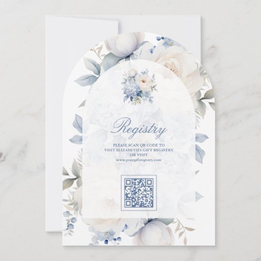 Dusty Blue and White Floral QR Code Babydusche Einladung (Rückseite)