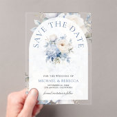 Dusty Blue and White Floral Wedding Save the Date Acryleinladungen (Insitu (Handheld))