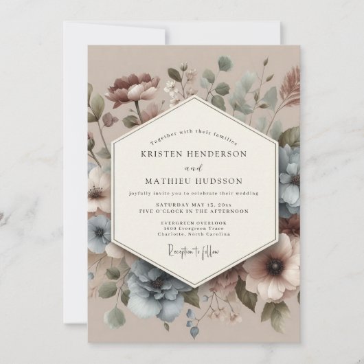 Dusty Blue Antique Floral Wedding Einladung (Vorderseite)