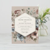 Dusty Blue Antique Floral Wedding Einladung (Stehend Vorderseite)