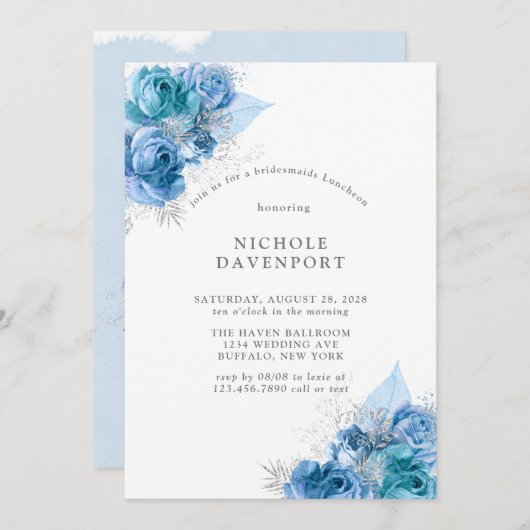 Dusty Blue Aquamarin Silver Peony Bridesmaids Lunc Einladung (Vorne/Hinten)