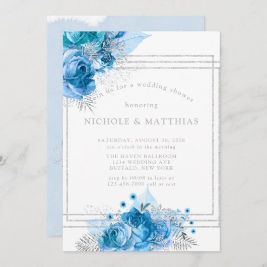 Dusty Blue Aquamarin Silver Peony Polterabend Einladung (Vorne/Hinten)
