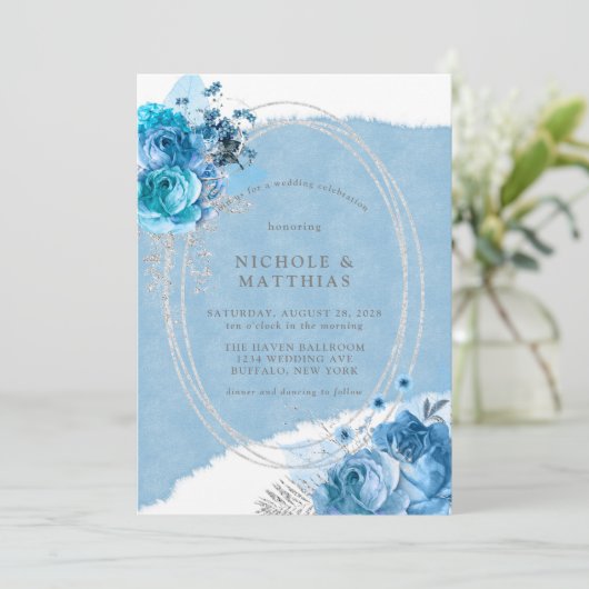 Dusty Blue Aquamarin Silver Peony Wedding Einladung (Stehend Vorderseite)