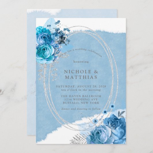 Dusty Blue Aquamarin Silver Peony Wedding Einladung (Vorne/Hinten)