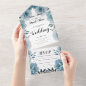 Dusty-blue Aquarell Blume Blumenhochzeit All In One Einladung (Abreißen)