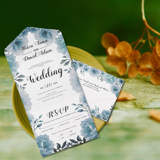 Dusty-blue Aquarell Blume Blumenhochzeit All In One Einladung