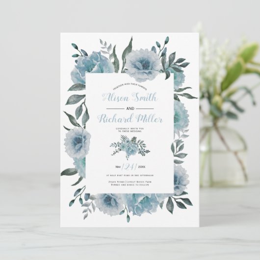 Dusty-blue Aquarell Blume Blumenhochzeit Einladung (Stehend Vorderseite)