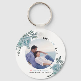 Dusty Blue Aquarell Blume, grüne Blätter Foto Schlüsselanhänger