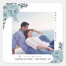 Dusty-blue Aquarell Blume und Foto Quadratischer Aufkleber