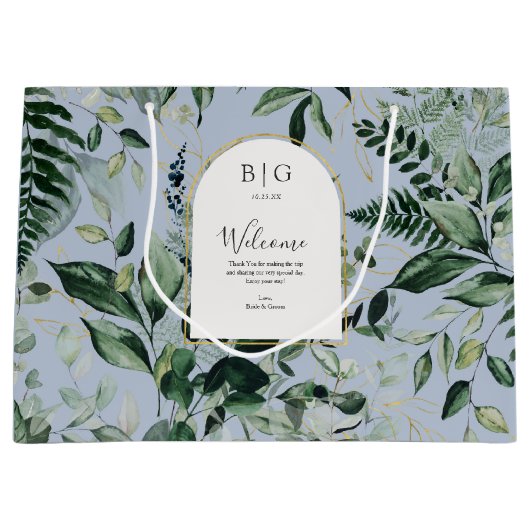 Dusty Blue Aquarell botanischer Hochzeitsempfang Große Geschenktüte (Vorderseite)