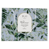 Dusty Blue Aquarell botanischer Hochzeitsempfang Große Geschenktüte (Rückseite)