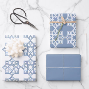 Dusty Blue Arabesque Geometric Muster Geschenkpapier Set
