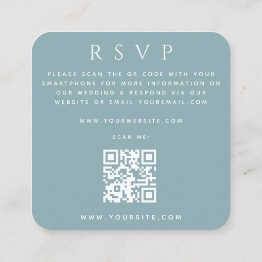 Dusty Blue Arch Foto QR Code Online Wedding RSVP Begleitkarte (Rückseite)