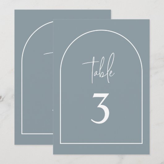 Dusty Blue Arch Minimal Taufe Tischnummer (Vorne/Hinten)