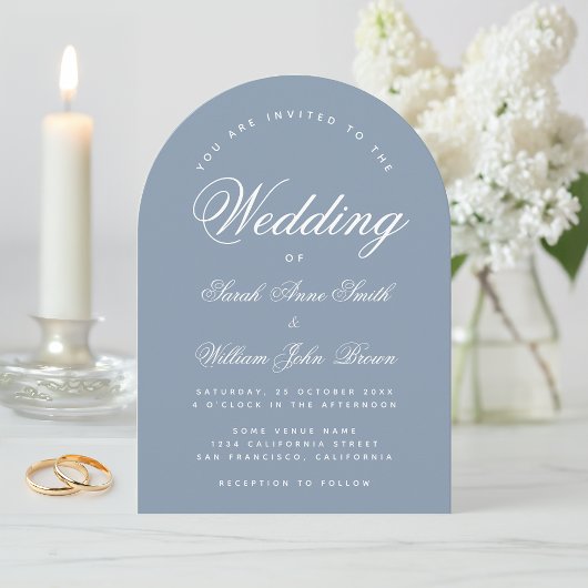 Dusty Blue Arch Simple Elegante Calligraphy Weddin Einladung