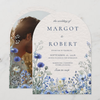 Dusty Blue Arch Wildflower Wedding Photo Invite Einladung